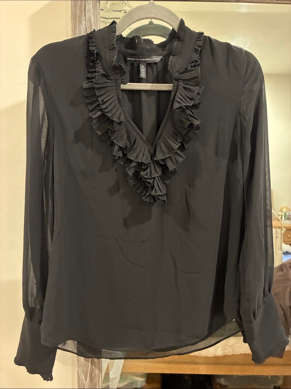 White House Black Market Ruffle V-Neck Long Sleeve Blouse